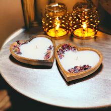 Load image into Gallery viewer, Mini Heart Shaped Wooden Dough Bowl Candle 3 oz for Valentine's Day Scented Farmhouse Candle