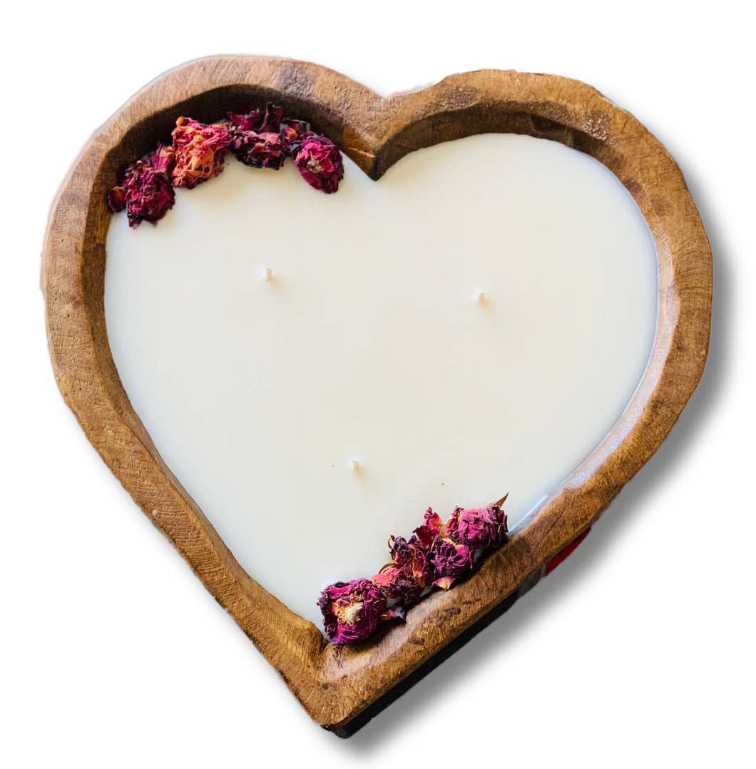 Heart shaped Rustic wooden Dough Bowl Scented Candle 25 oz for Valentine's Day