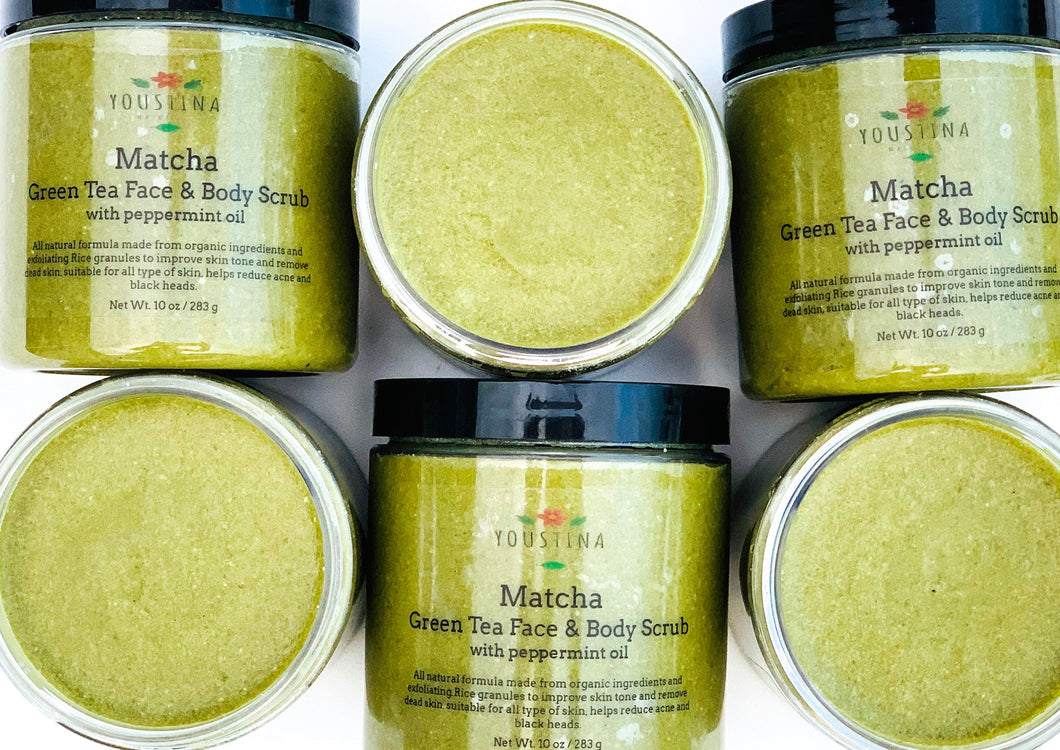 Organic Matcha Green Tea Face and Body scrub with peppermint oil 10 oz