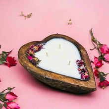 Load image into Gallery viewer, Small Heart Shaped Wooden Dough Bowl Candle 5 oz for Valentine&#39;s Day 6&#39;&#39; 3 wick
