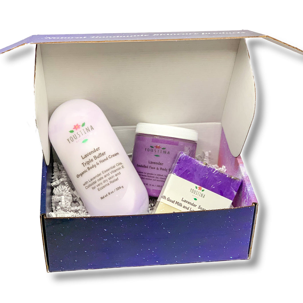Natural Relaxing Spa Gift Set for Women with Lavender Essential Oil, 3 pieces Luxury Gift Box includes Scrub, Body Cream and Soap by Youstina Naturals